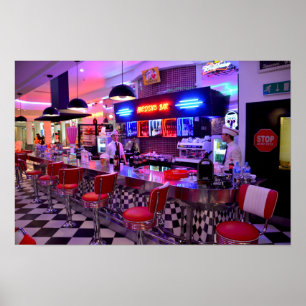 Neon Retro Diner Black White Chequered Poster