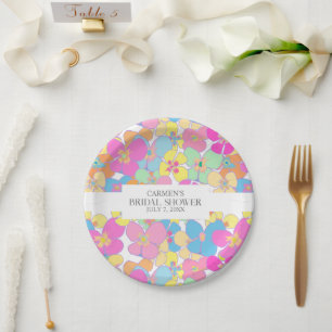 Neon Retro Floral Pink Colourful Bridal Shower Paper Plate