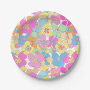 Neon Retro Floral Pink Colourful Paper Plate