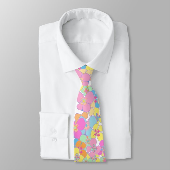 Neon Retro Floral Pink Colourful Tie (Tied)