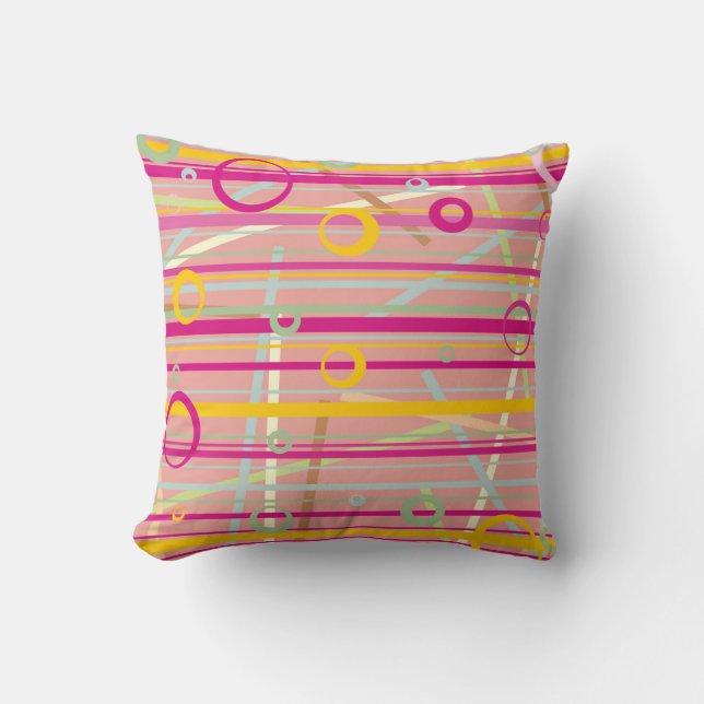  “Neon Retro Lines & Circles Pattern” Throw Pillow (Front)