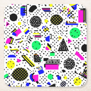 Neon Retro Memphis Geometric Chaos Pattern Square Paper Coaster
