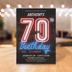 Neon Retro Surprise 70th Birthday Party Invitation
