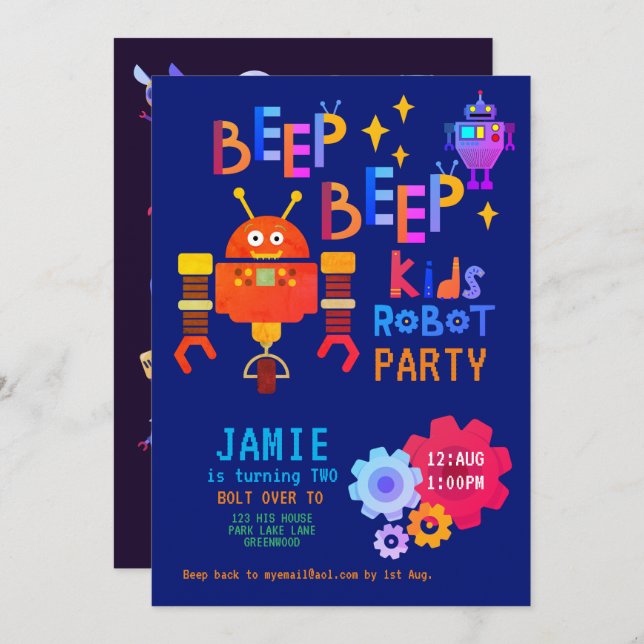 NEON ROBOT 2nd Birthday Party Boy Girl Funny Invitation (Front/Back)