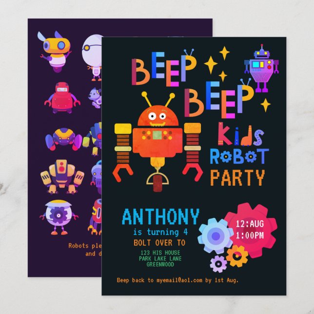 Neon ROBOT PARTY Kids Birthday Boys Girls Themed Invitation (Front/Back)