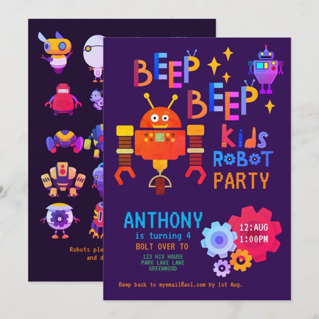 Neon ROBOT PARTY Kids Birthday Boys Girls Themed Invitation (Front/Back)
