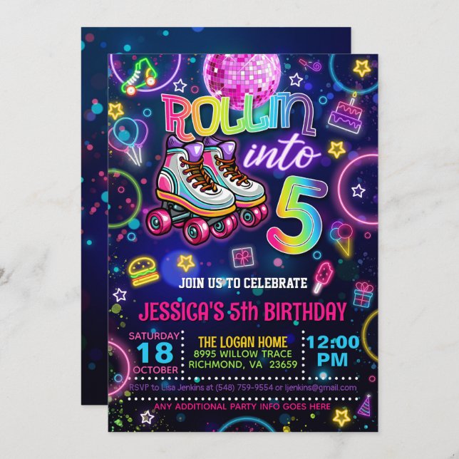 Neon Roller Skate 5th Birthday Invitation (Front/Back)