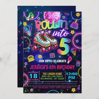Neon Roller Skate 5th Birthday Invitation