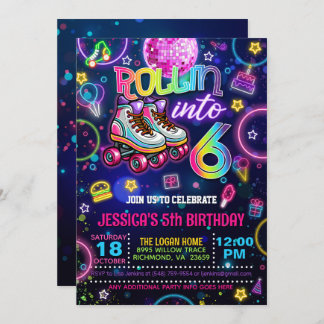 Neon Roller Skate 6th Birthday Invitation