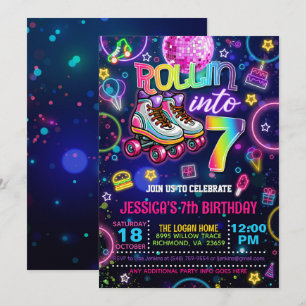 Neon Roller Skate 7th Birthday Invitation