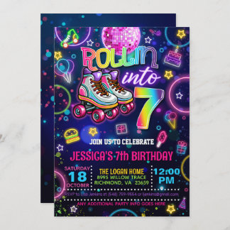 Neon Roller Skate 7th Birthday Invitation