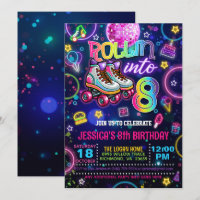 Neon Roller Skate 8th Birthday Invitation