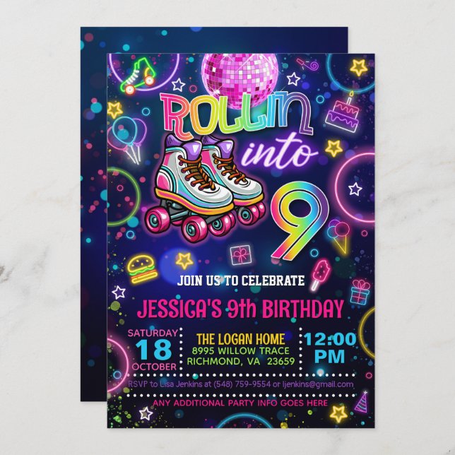 Neon Roller Skate 9th Birthday Invitation (Front/Back)