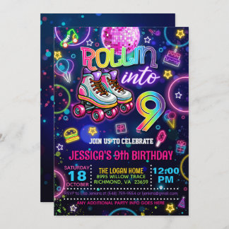 Neon Roller Skate 9th Birthday Invitation