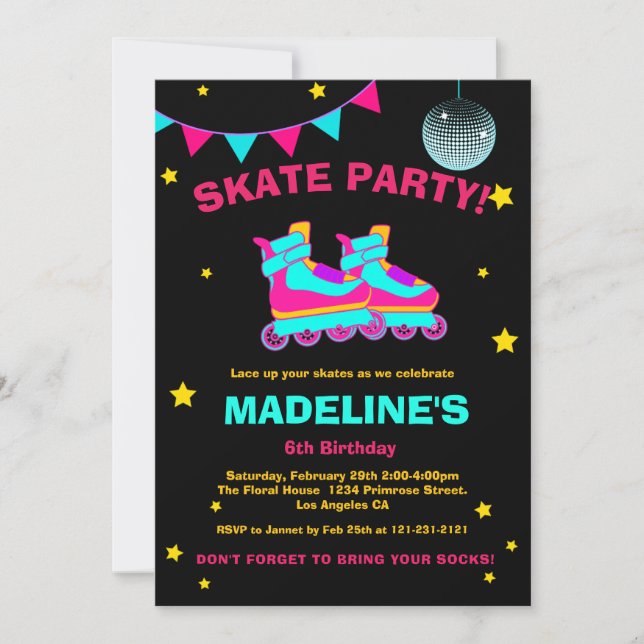 Neon Roller Skate Chalkboard Disco Stars Birthday Invitation (Front)