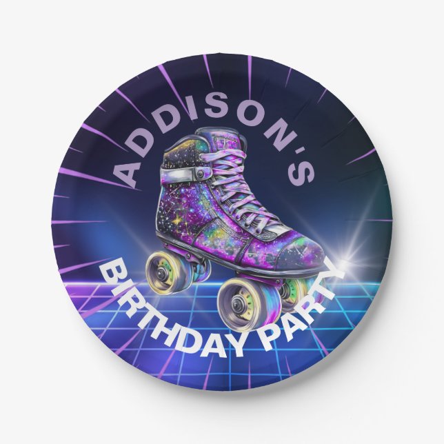 Neon Roller Skating Party Paper Plate (Front)