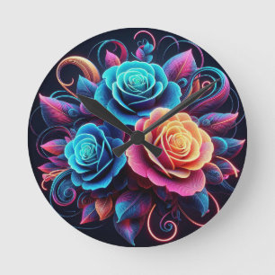Neon Roses Round Clock