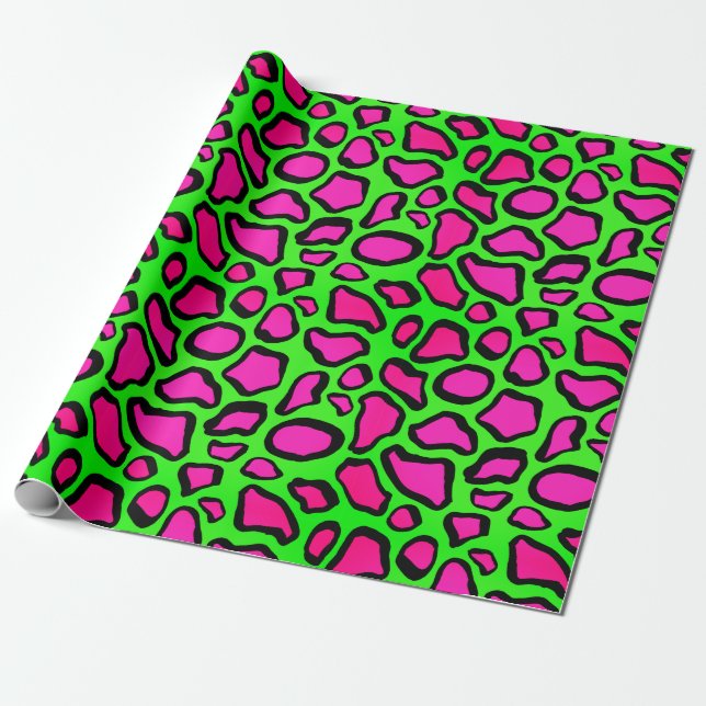 Neon Safari Animal Prints -Green & Pink Wrapping Paper (Unrolled)