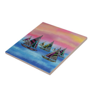 Neon Sailboats in the Sun Ceramic Tile