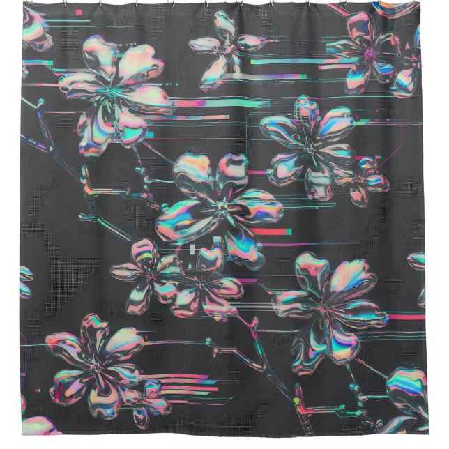 Neon Sakura Glitch - Futuristic flower pattern Shower Curtain (Front)