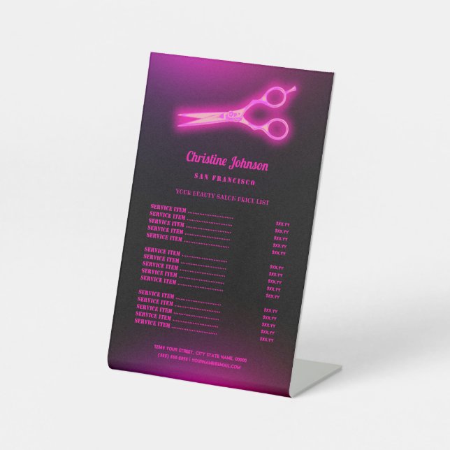 neon scissors hairstylist price list pedestal sign (Front)