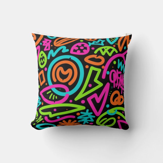 Neon Scribble Splash Throw Pillow – Retro Pop Colo (Front)