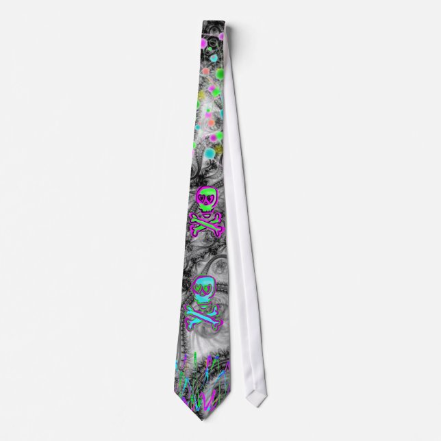 Neon Scribbles and Skulls on Black Lace Tie (Front)
