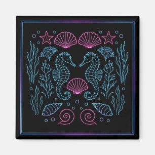 Neon Seahorses Purple shells nautical  Magnet