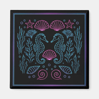 Neon Seahorses Purple shells nautical  Magnet