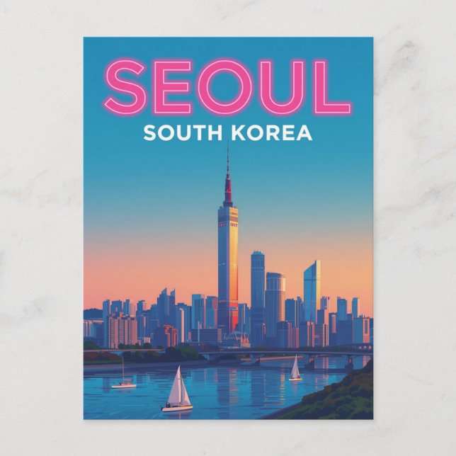 Neon Seoul Skyline Travel Postcard (Front)
