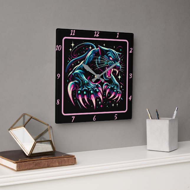 Neon Shadow Panther Timepiece Glow Square Wall Clock (Office)