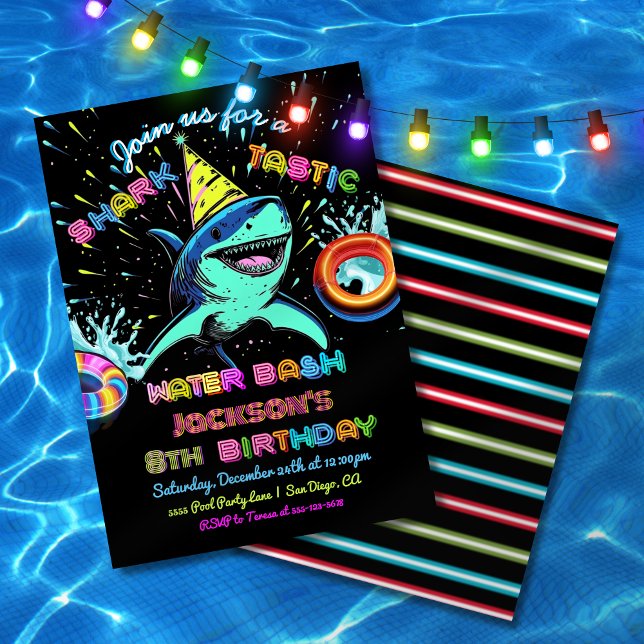 Neon Shark Pool Birthday Party Invitation (Creator Uploaded)