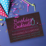 Neon Sign Birthday Cocktail Party Invitation<br><div class="desc">Neon sign "birthday cocktails" with bottle silhouette. Brick background; pink and turquoise colours.  Customise with your details; add more photos and/or text to the back; backer colour is editable.</div>