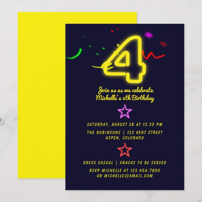 Neon Sign Fourth Birthday Party Invitation (Front/Back)