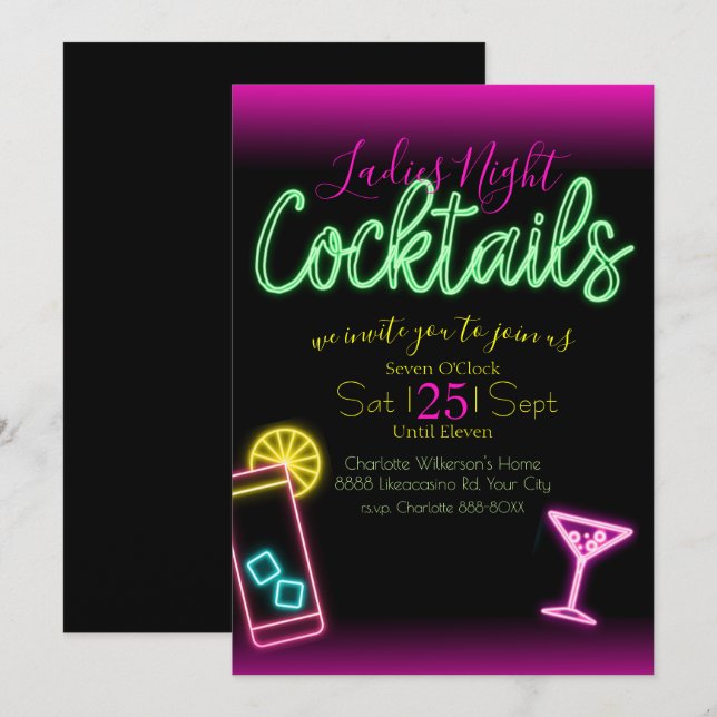 Neon Sign Ladies Night Cocktail Party Invitation (Front/Back)