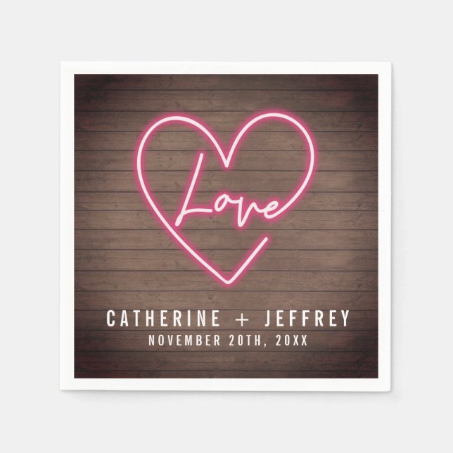 Neon Sign Love Heart Wood Wedding Napkin (Front)