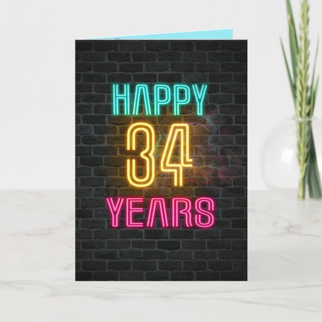 Neon sign on brick for 34th birthday card (Front)