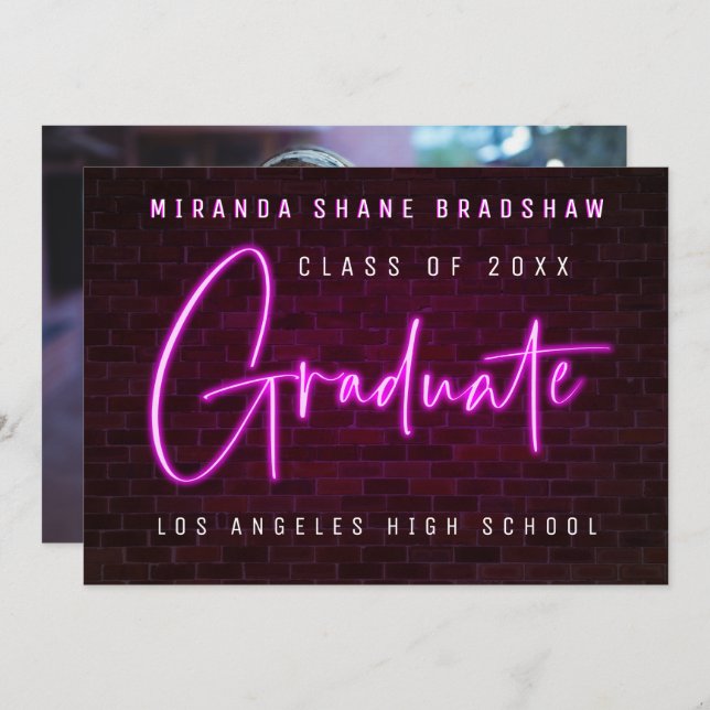 Neon Sign Pink Graduate Photo Backer Announcement (Front/Back)