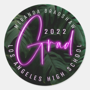 Neon Sign Pink Tropical Leaves Grad Classic Round Sticker