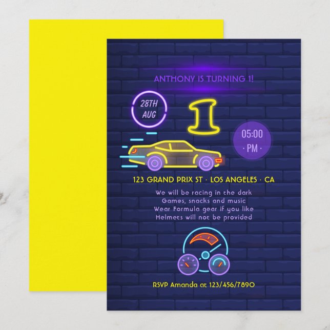 Neon sign Racing Car themed Boy 1st Birthday Party Invitation (Front/Back)