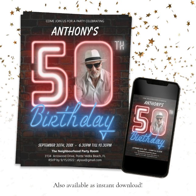 Neon Sign Retro Custom Photo 50th Birthday Party Invitation (Creator Uploaded)