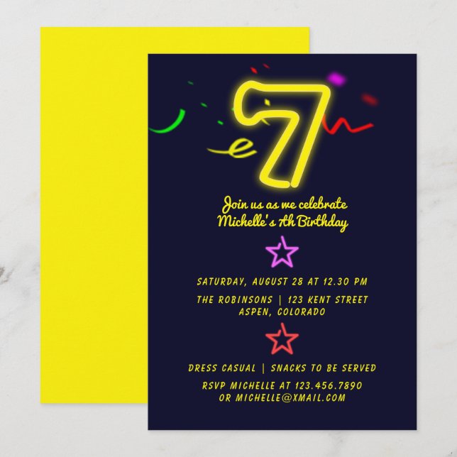 Neon Sign Seventh Birthday Party Invitation (Front/Back)