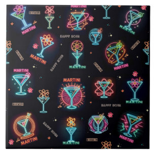 Neon Sign Space Age Atomic Martini Cocktails Print Tile