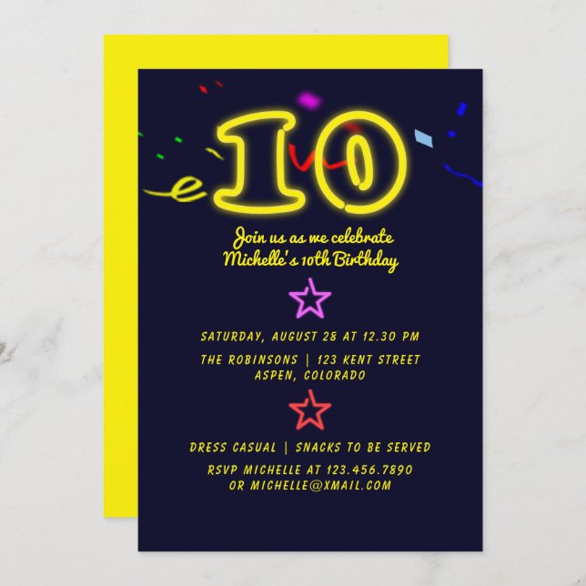 Neon Sign Tenth Birthday Party Invitation (Front/Back)