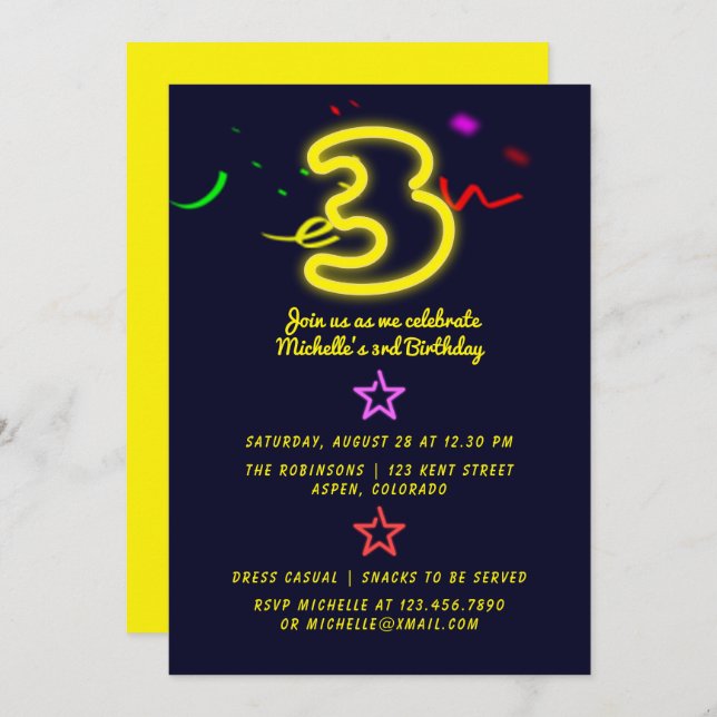 Neon Sign Third Birthday Party Invitation (Front/Back)