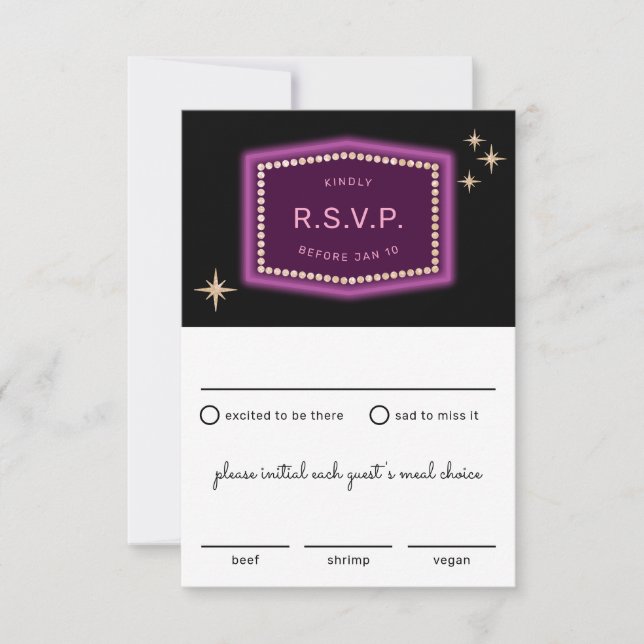 Neon Sign Vegas Wedding RSVP with Meal Choices (Front)