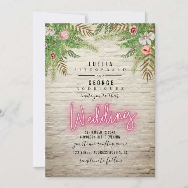 Neon Sign White Brick Botanical Wedding Invitation (Front)
