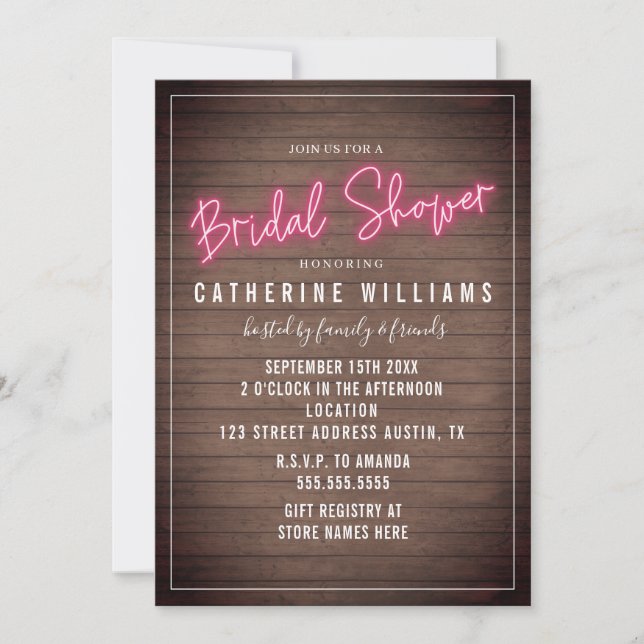 Neon Sign Wood Plank Bridal Shower Invitation (Front)
