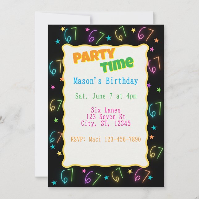 Neon Six Seven Birthday Invitation (Front)