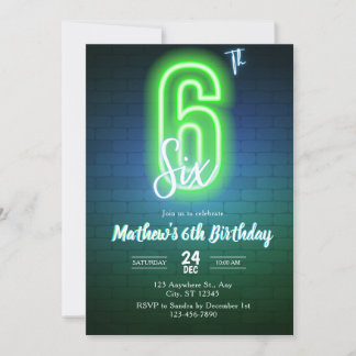 Neon Sixth birthday Invitation